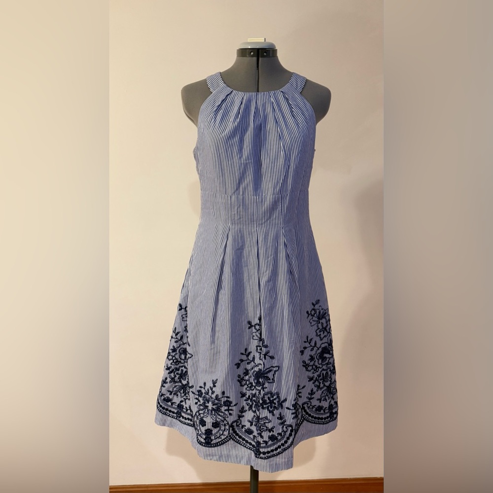 Nine West Blue Midi Dress with Navy Floral Embroidery